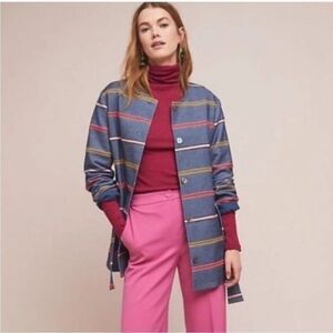 Dolan Blue Multi Color Stripe Design Button Closure Tie Waist Jacket Casual Boho